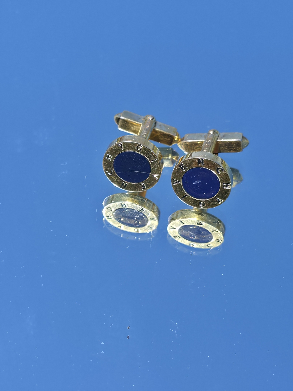 Vintage Givenchy Gold Tone Cobalt Royal Blue Enamel Round Logo Insert Cufflinks